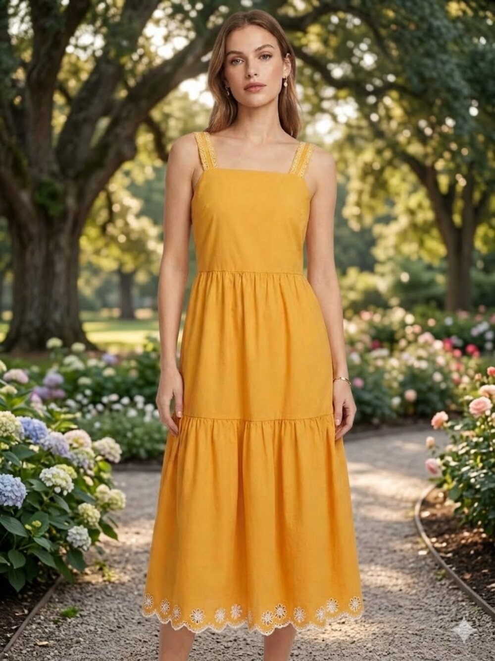 J Crew yellow cotton midi dress with embroidery, size 2
